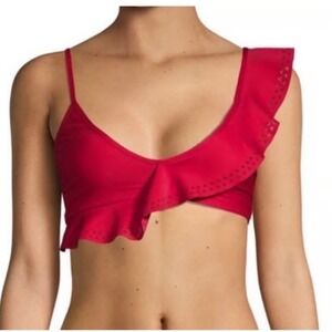 Mouille Swimwear Red Ruffle One Shoulder Bikini Top Laser Cut Eyelet US 6 Medium